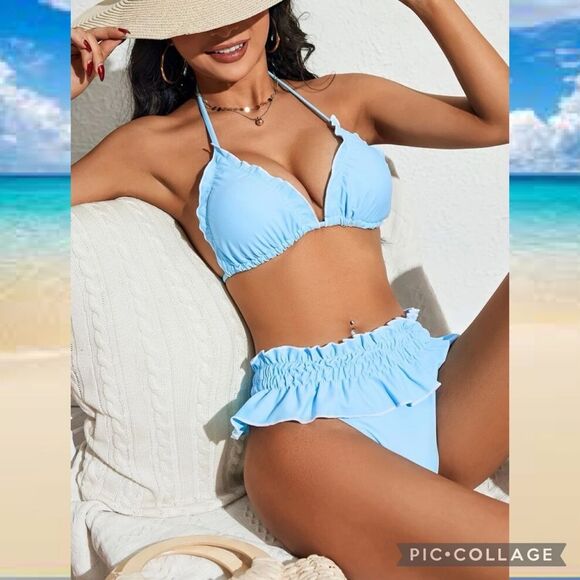 Baby Blue Ditsy Triangle High Waisted Ruffle Trim Bikini Size Medium - Picture 4 of 9